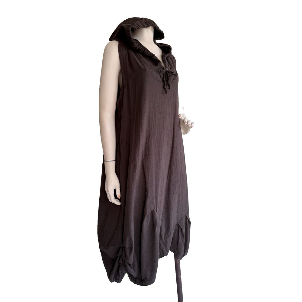Artisan Brown Hooded Midi Lantern Dress Art to Wear Lagenlook OSFA
